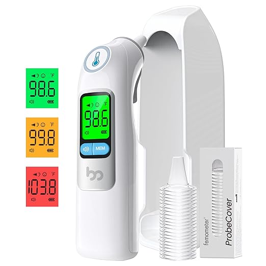 femometer Infrared Ear Thermometer for Adults & Kids, Highly Accurate, 1s Result, 30 Memory Recall, 3-Color Fever Alarm, with 21 Disposable Probe Covers & Storage Case