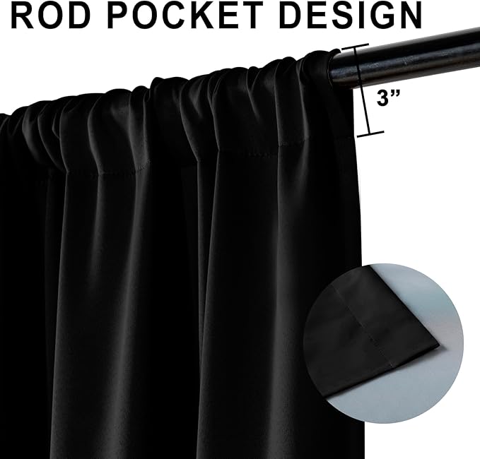 XWZO Full Shading Blackout Curtains 72 Inches Length - Heat and Light Blocking Rod Pocket Window Drapes with Black Liner Backing for Bedroom Sewn with Tiebacks, Black, W52 x L72, Set of 2
