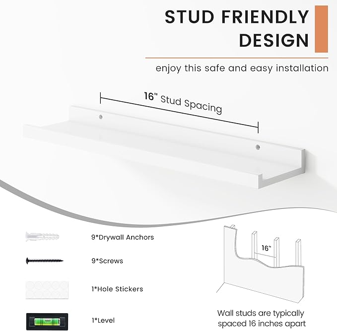 Floating Picture Ledge Shelves for Wall Set of 4, 24 Inch Wall Shelves with Lip Long Large Nursery Book Shelf for Toys Storage Kids Bookshelf Wall Mounted Living Room Bedroom Decor Frames