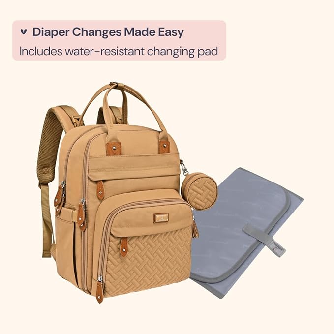 BabbleRoo Diaper Bag Backpack - Baby Essentials Travel Tote - Multi function Waterproof Diaper Bag, Travel Essentials Baby Bag with Changing Pad, Stroller Straps & Pacifier Case - Unisex, Beige