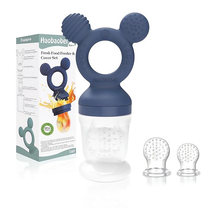 Baby Fruit Feeder, Frozen Teething Toys, Infants Teether Pacifier with 3 Extra Teats, Toddler Eating Essentials, BPA Free Feeding Supplies (Steel Blue)