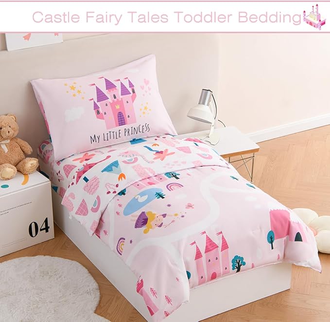 PERFEMET 4 Pcs Twin Bedding Set for Girls Pink Castle Kids Bed in A Bag Comforter Set Ultra Soft Reversible Fairy Tales Themed Bedding Comforter with Sheet Set for All Seasons(Pink, Castle)