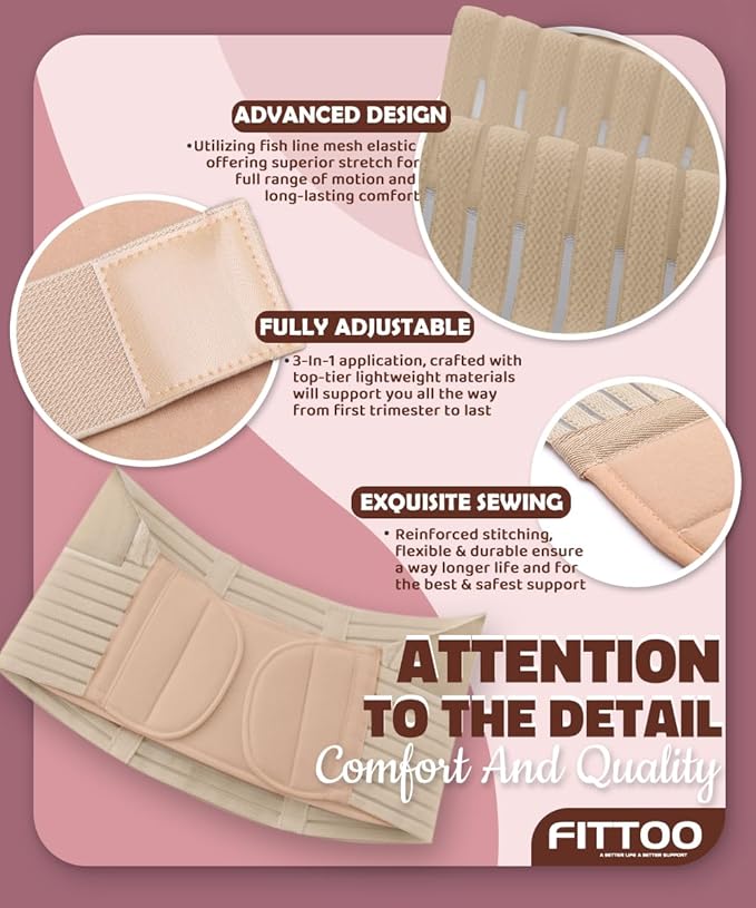 FITTOO Maternity Belt Back Support Belly Band Pregnancy Belt Support Brace Abdominal Binder Waist Support Beige L