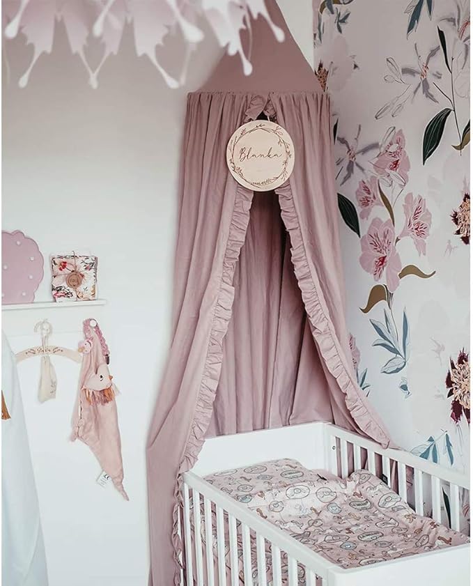 Bed Canopy with Frills Reading Nook Game Tent for Kids Boho Hanging Net Play Room Decor(Dusty Rose)