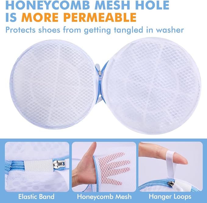 2 Pack Shoes Wash Bags,Shoe Washing Machine Bag,shoe laundry bag for washing machine，Honeycomb Mesh Laundry Bags with Zipper for Sneakers,Running Shoes,Sock,Bras,Delicates and Toys（14 in x 7.8 in）