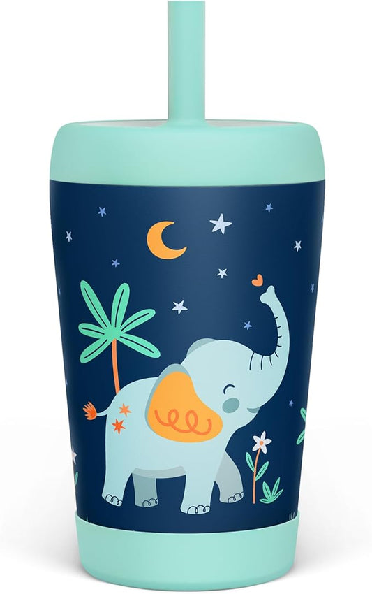Kid Insulated Stainless Steel Tumbler with Silicone Straw, 12oz Sippy Cup for Kids (Dreamy Elephant)