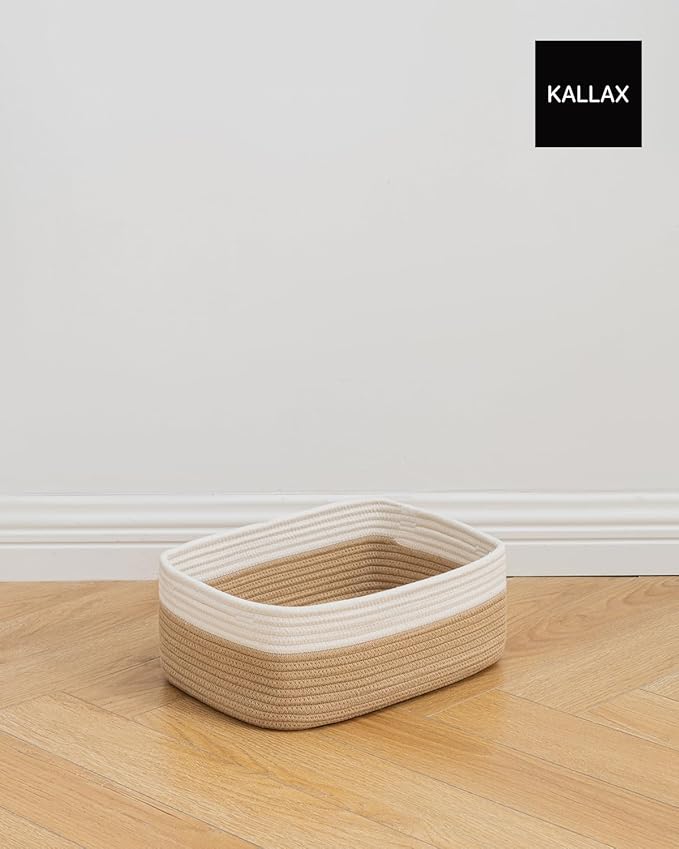 KALLAX Small Woven Basket, 13.5 x 9.5 x 5 Inches, Storage Basket for Organizing, Cute Small Rope Shelf Closet Cube Storage Bins Baskets for Shelves, Dog Toy Gift Baskets Empty, 3 Pack White & Brown