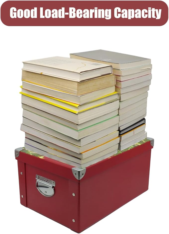 GUOZI Collapsible Storage Box, Decorative Memory Box with Lid & Metal Reinforced Corners, Cardboard File Bin with Handles, Organizer Gift Box for Keepsake Toy Photos Office Nursery Wardrobe Bookshelf