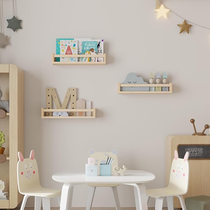 Heimlove Nursery Floating Shelves, Wood Nursery Book Shelves for Wall, 16 inch Wall Bookshelf for Kids Solid Wood Wall Mounted Shelves for Books,Toys and Decor Storage, Set of 3