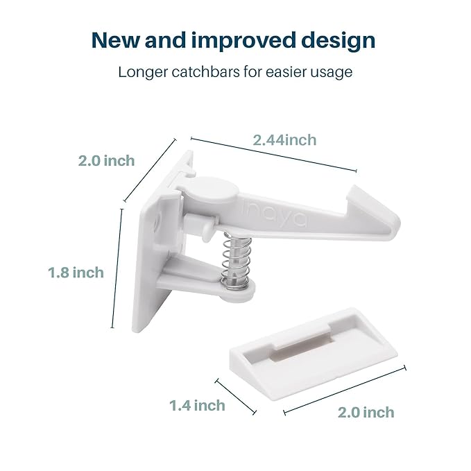 Inaya Cabinet Locks Child Safety Latches - Baby Proofing Cabinets & Drawers Locks - Child Proof Your Home - No Drilling & No Tools Required! (12 Pack - Extended Length Version)