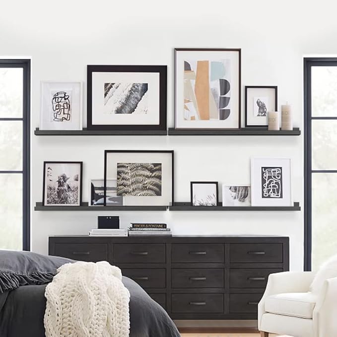 Forbena Black Photo Picture Ledge Shelf Set of 4, 36 Inch Floating Shelves with Lip for Wall, Narrow Wood Wall Shelf for Living Room Bedroom Office Album Frames Classroom Library, Conn 2 as 72 In Long