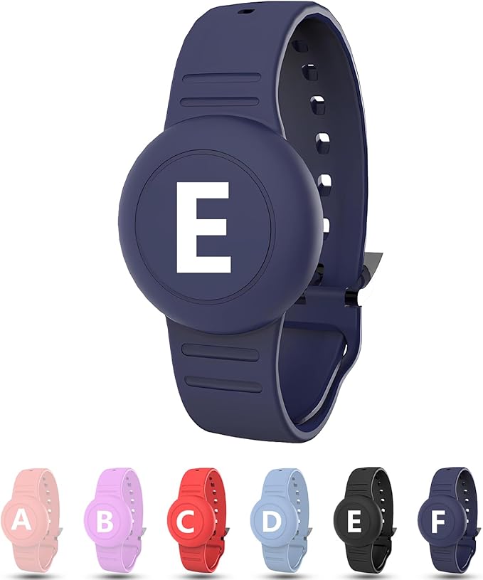 Waterproof Bracelet for AirTag Kids, Personalized Initial Letter Hidden Holder Compatible with Air Tag, Silicone Case for Airtag Adjustable Anti-Lost GPS Tracker for Toddler Child Elder, E