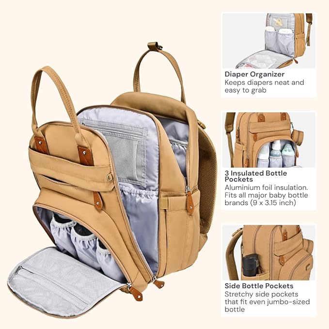 BabbleRoo Diaper Bag Backpack - Baby Essentials Travel Tote - Multi function Waterproof Diaper Bag, Travel Essentials Baby Bag with Changing Pad, Stroller Straps & Pacifier Case - Unisex, Beige