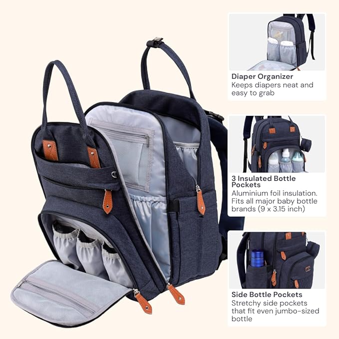 BabbleRoo Diaper Bag Backpack - Baby Essentials Travel Tote - Multi Function Waterproof Diaper Bag, Travel Essentials Baby Bag with Changing Pad, Stroller Straps & Pacifier Case - Unisex, Navy Blue