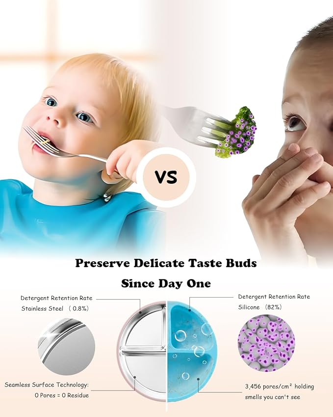 Stainless Steel Toddler Plate with Suction, 8” Divided Plates with Removable Silicone Sleeves for Baby, Non Toxic Unbreakable Kids Snack Dishes Set of 4, Sage Blue Gray Blush