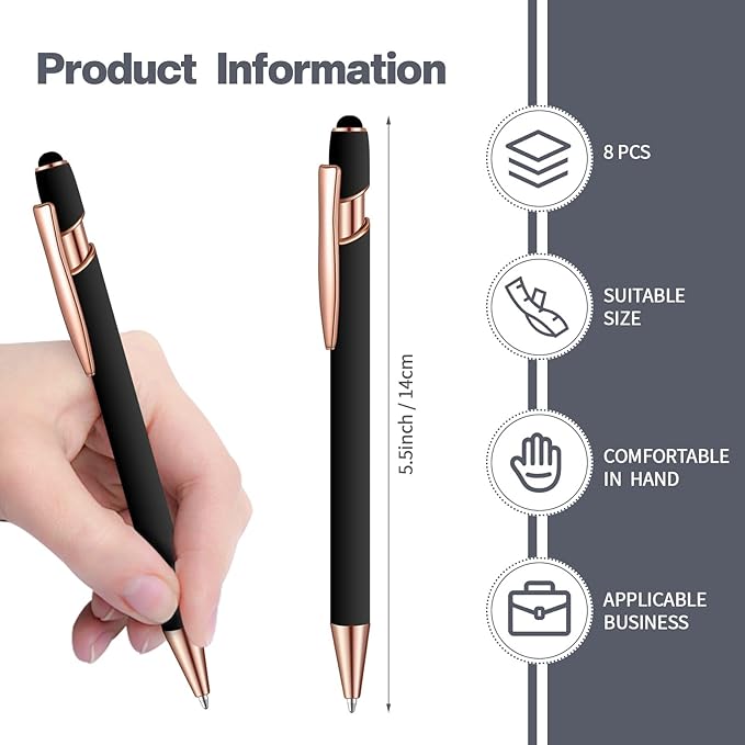 8 Pieces Ballpoint Pen with Stylus Tip Black Ink 2 in 1 Stylus Metal 1.0 mm Medium Point Smooth Pen Rainbow Colorful Rubberized Ballpoint for Touch Screen Tablet(Rose Gold, Black)