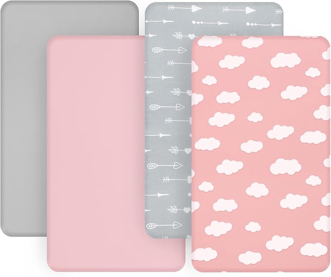 4-Pack Fitted Pack and Play Sheets for Boys and Girls - Breathable, Soft Microfiber Baby Sheets in Grey and Pink