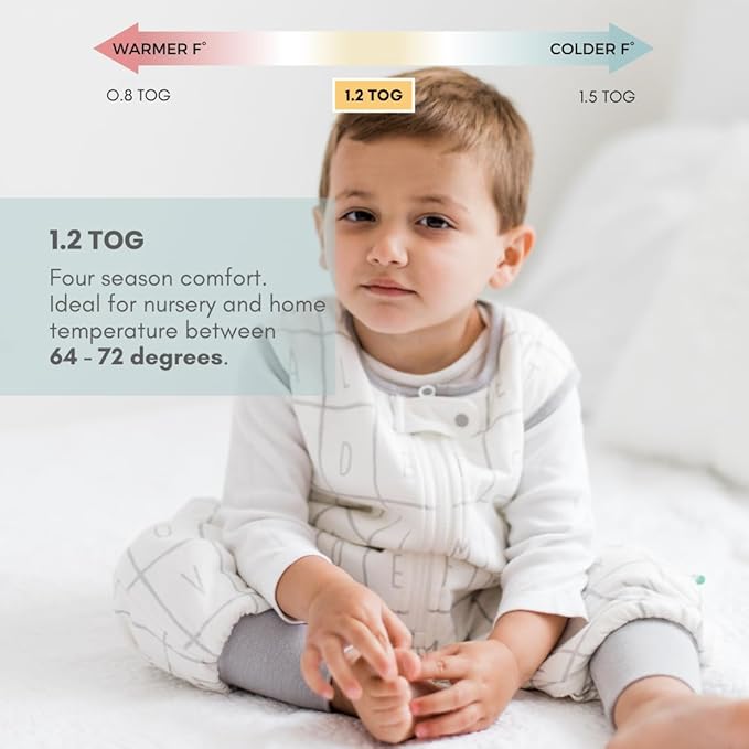 Tealbee DREAMSUIT: Toddler Sleep Sack with Feet 2T 3T - 1.2 TOG Four Season Baby Wearable Blanket for Walkers - Rayon Made from Bamboo, Organic Cotton Sleeping Bag - Alphabet