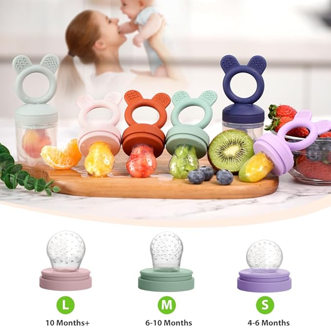 Bessentials Baby Fresh Fruit Food Feeder - 2 Pack Silicone Mesh Feeders for Infant Safe Self Feeding |3 Sizes Food Pouches Included| Suitable for Baby 4m+ (Light Pink & Grass Green)