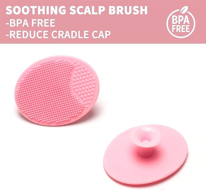 Goat Baby Hair Brush Set, Safe Natural Hair Care Kit with Wooden Soft Goat Bristles Brush Comb Pink Silicone Bath Brush for Newborns Toddlers (4pcs Set)