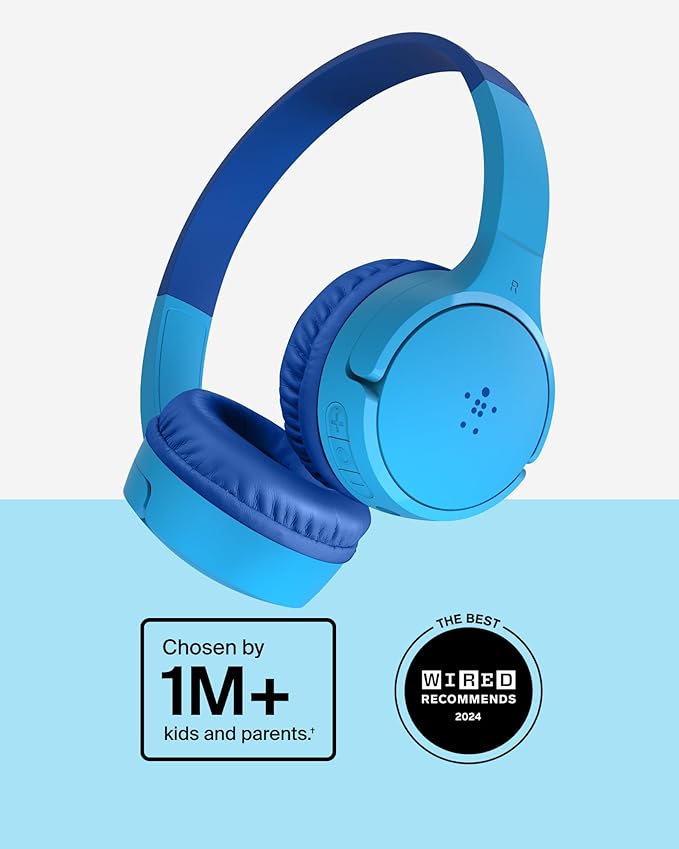 Belkin SoundForm Mini - Wireless Bluetooth Kids Headphones, 30H Battery, 85dB Safe Volume Limit, Built-in Microphone - Toddler On-Ear Earphones for iPhone, iPad, Fire Tablet, Ideal for School - Blue