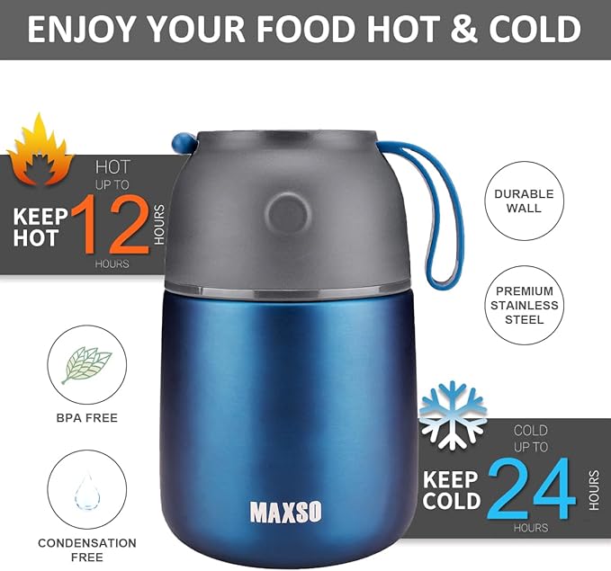 Insulated Thermo Food Jar for Hot & Cold Food for Kids Adult, 17 oz Soup Thermal Hot Food Containers for Lunch, Triple Layer Insulation Stainless Steel Food Jar with Spoon(Blue)