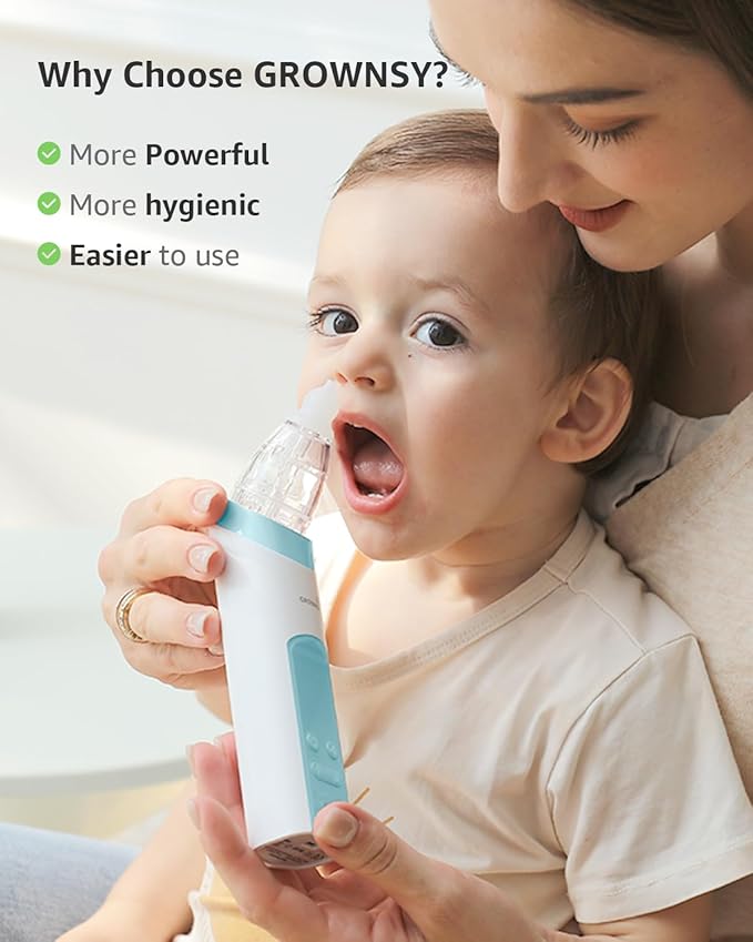 GROWNSY Nasal Aspirator for Baby with Protection Mode, Electric Nose Suction for Baby, Automatic Baby Nose Sucker with 3 Silicone Tips, Adjustable Suction Level, Music and Light Soothing Function