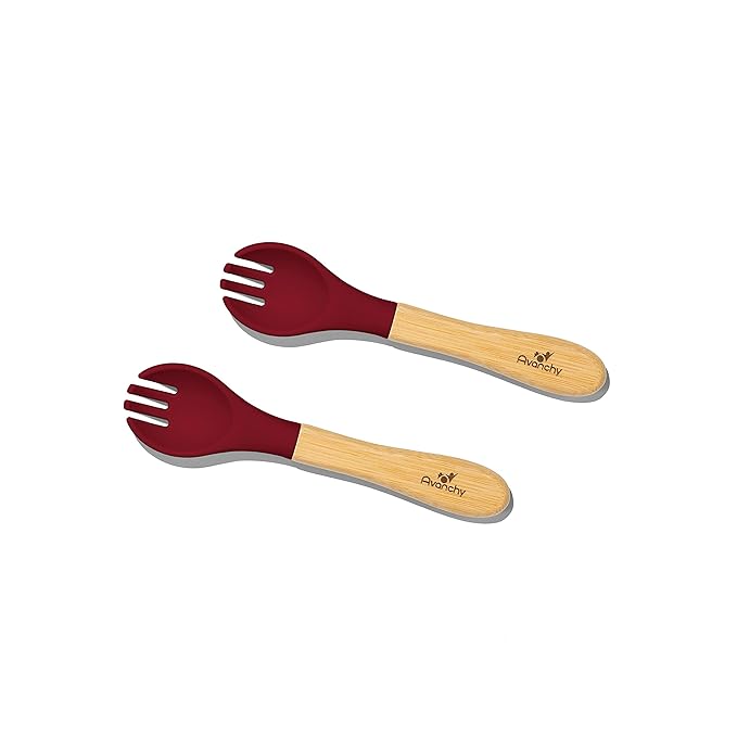Avanchy Baby Fork Set, Bamboo and Silicone Spork Utensils, Toddler Baby Led Weaning Silverware Cutlery Flatware, Kids First Self Feeding