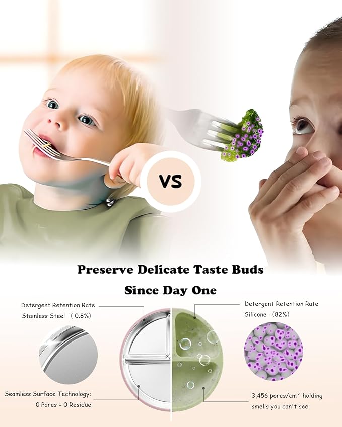 Stainless Steel Toddler Suction Plate with Lid, Deepened 9" Divided Plates with Removable Silicone Sleeves for Kids, Non Toxic Unbreakable Snack Dishes Set of 4, Sage Blue Gray Blush