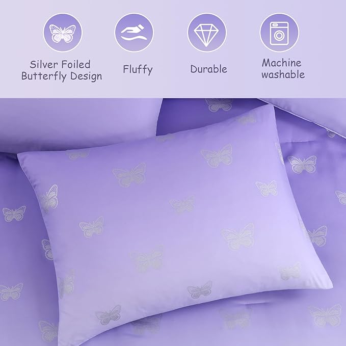 Queen Comforter Set with Sheets for Girls-7 Pieces Queen Bedding Sets with Purple Comforter, Sheets, Pillowcases & Shams for Kids (Purple Butterfly, 90" X 90")