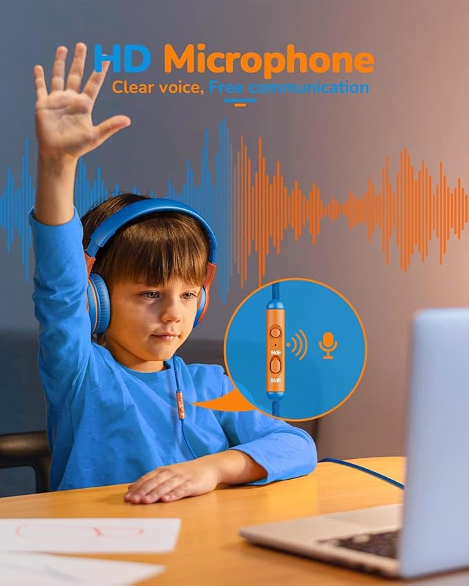 Kids Headphones Wired Toddler Headphones with Microphone, Over-Ear Headphones, 85/94dB Volume-Limiting, 3.5mm Jack, Foldable On-Ear Design - Safe & Comfortable for Learning & Entertainment