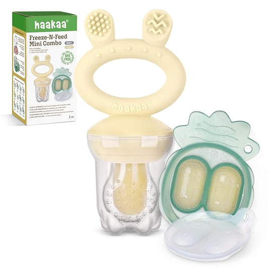 Haakaa Baby Fruit Food Feeder & Mini Freezer Nibble Tray Combo, Breastmilk Popsicle Molds for Baby Cooling Relief, BPA Free Silicone Feeder for Safe Infant Self Feeding, 4 Month+ (Oat)