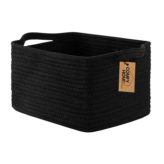 COMFY-HOMI Storage Basket for Shelves, Woven Baskets for Storage, Cotton Rope Basket,Toy Storage Organizer, Storage Cube Bin, Organization and Storage, Towel Baskets for Gift Empty, All Black