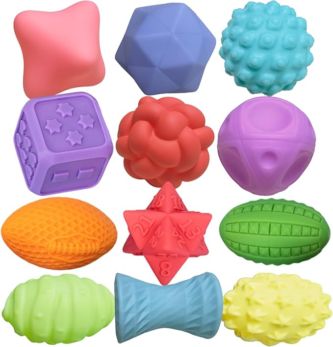 12P Sensory Balls for Toddlers 1-3,Balls for Baby Toys 6-12 Months,Bright Color Textured Multi Soft,Baby Massage Toy,Birthdays, Includes Storage Bag