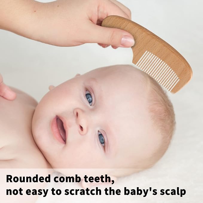 Wooden Natural Goat Bristle Brush and Cradle Cap Comb Set - 5 in 1 Baby Grooming Kit for Newborns, Toddlers, Boys, and Girls (Blue)