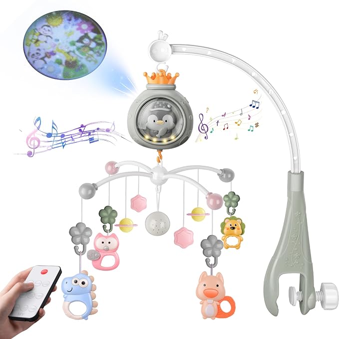 Crib Mobile with Music and Lights, Mobiles for Cribs, Baby Nursery Space Portable Infant Arm Hanger for Girls Boys Babies Bassinets Pack and Play Clip On Attachment, Toys Musical Hanging