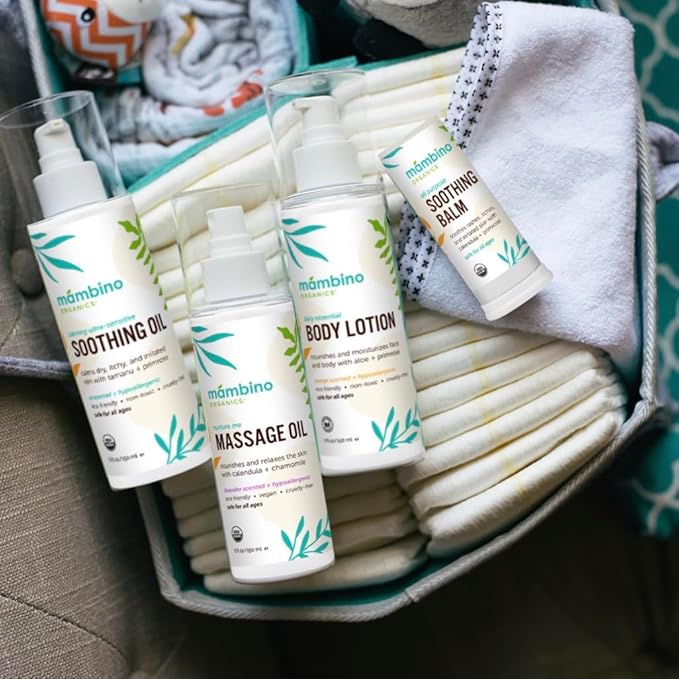 Mambino Organics Baby Arrival Essential Care Gift Set - Organic Baby Care Kit - Vegan & Cruelty-Free 4pc Set - Shampoo, Lotion, Soothing Oil & Balm - Ideal Organic Baby Gift Set for New Moms