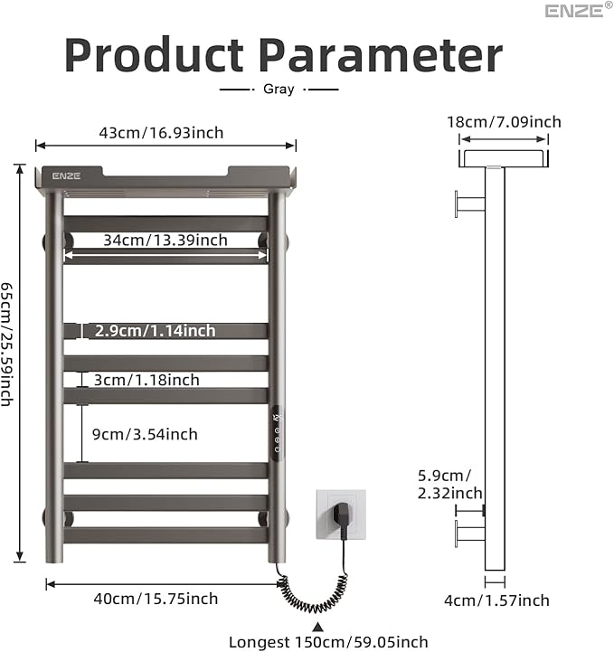 ENZE Heated Towel Rack with Shelf and Wi-Fi App Control, 8 Bars Electric Wall Mounted Towel Warmer with Timer & Adjustable Temperature, Low Carbon Steel, Plug-in/Hardwired, Gray