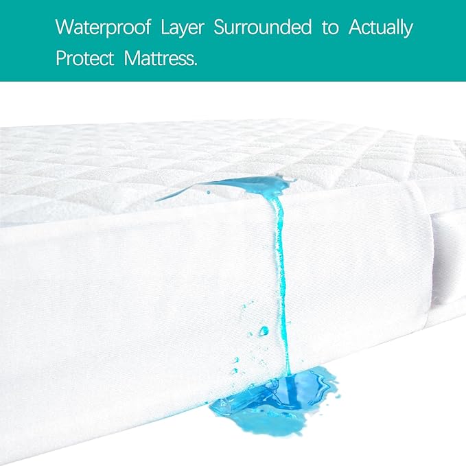 Zippered Crib Mattress Protector - Waterproof Crib Mattress Encasement, Breathable and Absorbent, 6 Sides Fully Encased Cover, 2 Pack, White