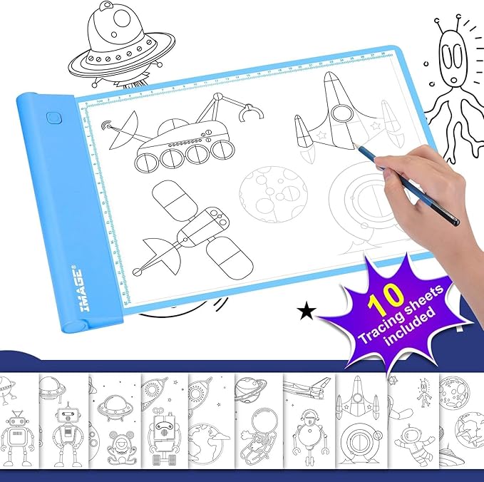 IMAGE Light Up Tracing Pad Blue Drawing Tablet Coloring Board for Kids Children Gift for Boys Girls (Includes 10 Traceable Sheets and Two Clips)