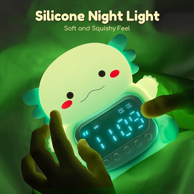 Axolotl Alarm Clock with Night Light for Kids, 7 RGB Color Cute Alarm Clocks for Bedrooms Ok to Wake Clocks, Silicone Animal Tabletop Lamp for Teen Girls Boys, Green