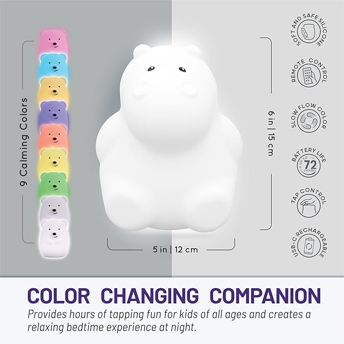 Lumipets Remote Control Silicone Night Light for Kids - Hippo Design with 9 Soft Colors & Sleep Timer - Rechargeable, Battery-Operated Lamp for Bedroom | Baby Nursery, Toddler, Girls, Boys