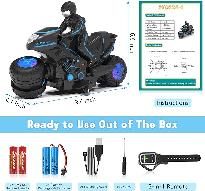 Eulogia Remote Control Motorcycle Toys New Upgraded RGB Wheels Lights, RC Motorbike with 2-in-1 Remote, Gesture Sensing Stunts Dirt Bike, 360° Rotating High Speed Motocross Car for Boys Girls Gift