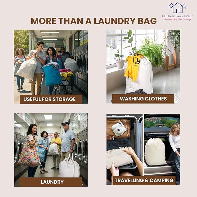 LFH Home Cotton Canvas Large Laundry Bag with Handle, Heavy Duty Drawstring Closure Washable Laundry Bags School Travel, Home, Hotel, College Dorm, Organizer Sack, Toys Clothes 20x30-White