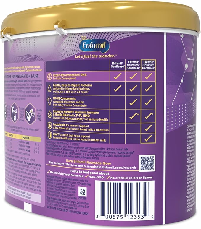 Enfamil Optimum Gentlease Baby Formula, Our Closest Formula to Breast Milk For Fussiness, Crying, Gas & Spit-up, Immune-Supporting Lactoferrin also found in Breast Milk, 19.5 Oz