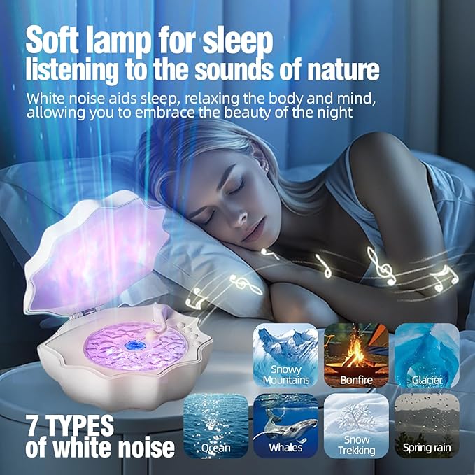 Northern Lights Projector, Night Light Projector for Bedroom Built-in Bluetooth Speaker, White Noise, Shell Night Light for Room Decor/Gift for Kids/Party/Music/Relaxation/Birthday (White)