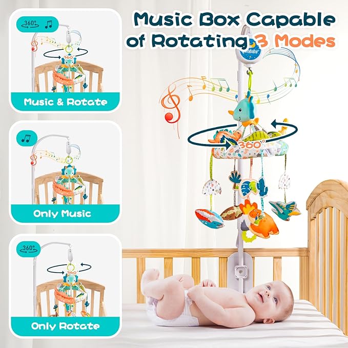 Jollybaby Nursery Baby Automatic Rotating Dinosaur Crib Mobile with Music Box & Arm, Montessori Sensory Musical Hanging Toy for Bassinet, Newborn Clip on Crib Mobile Soother Toy Gift, Polyester