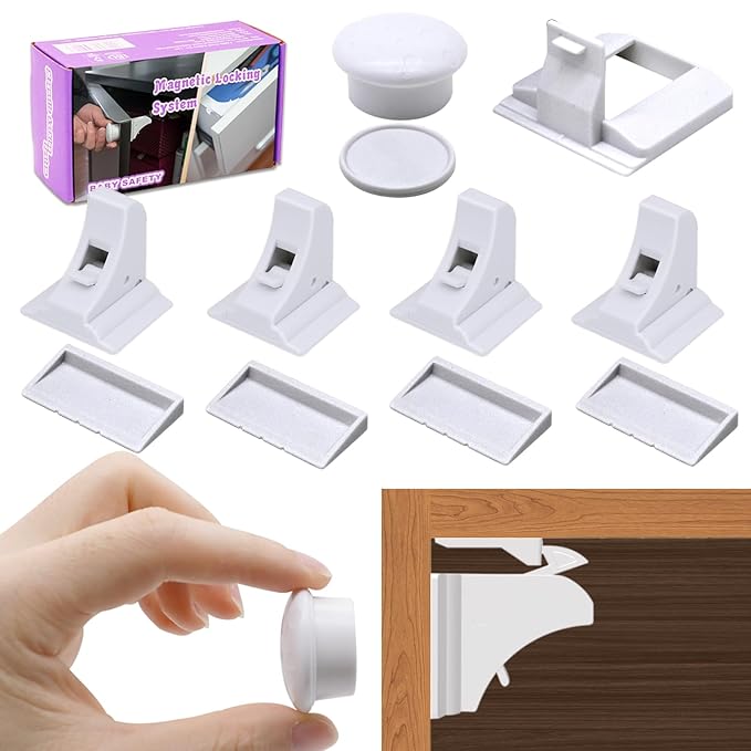 Magnetic Drawer Locks for Baby Proofing, Child Safety Magnet Cabinet Lock, Safety First Adhesive Magnetic Locks for Cupboard and Pantry Door (4Locks + 1Key)