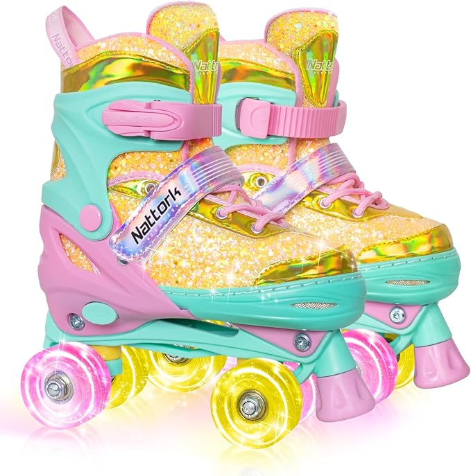 Nattork Kids Roller Skates for Girls Kids, 4 Sizes Adjustable Girls Roller Skates for Ages 3-12 with Light up Wheels & Safety Protection - Cool Birthday Gift for Indoor Outdoor Sports