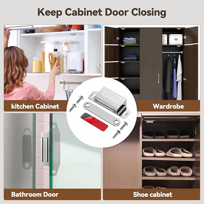 Cabinet Door Magnet, Flat Bottom Cabinet Magnetic Catch with Adhesive, Easy to Install,Only Takes 1 Minute,35lb Magnetic Cabinet Door Drawer Latch (Sliver, 4Pack)
